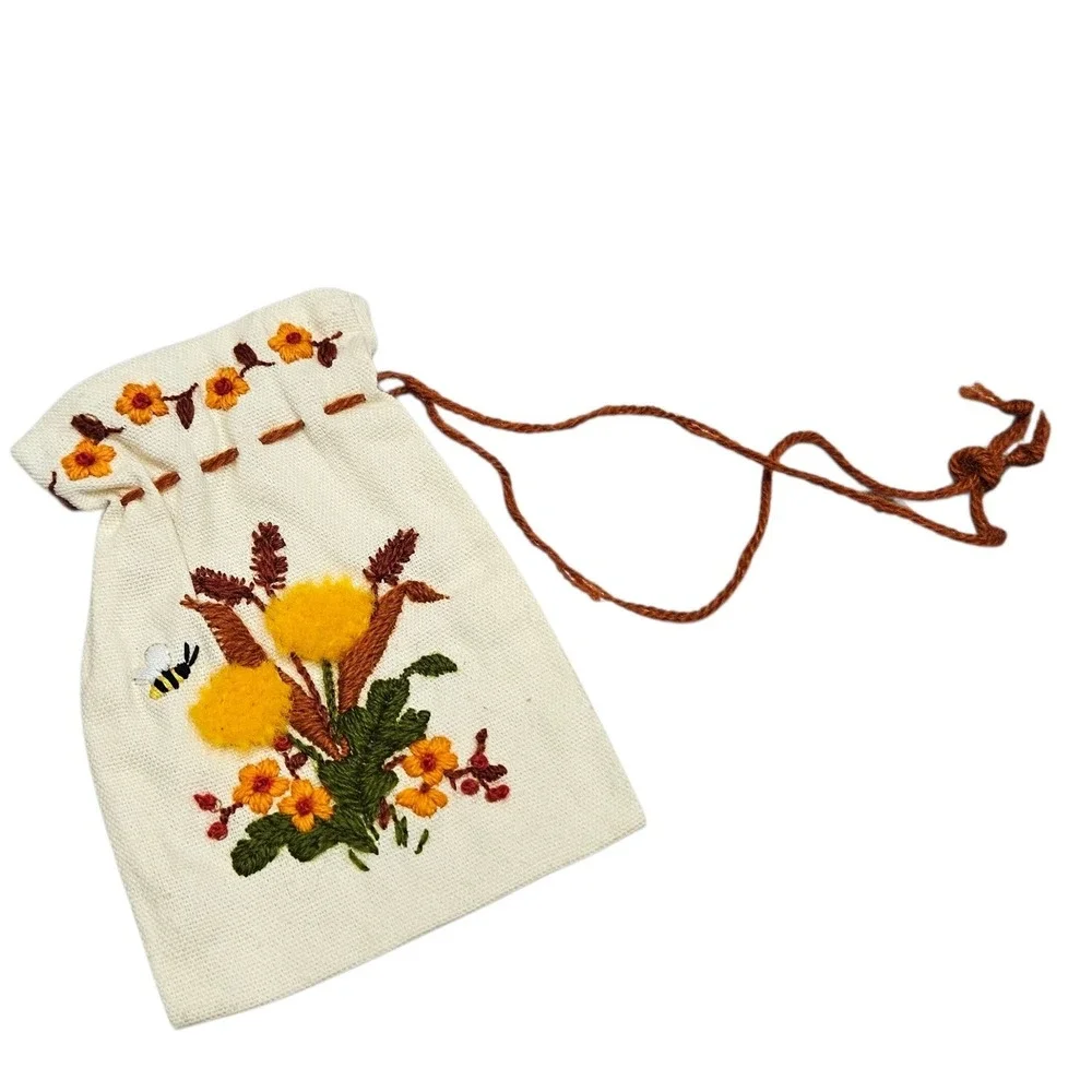 Hand Embroidered Drawstring Pouch Bag Floral Bee Cottagecore Keepsake Gift Indie